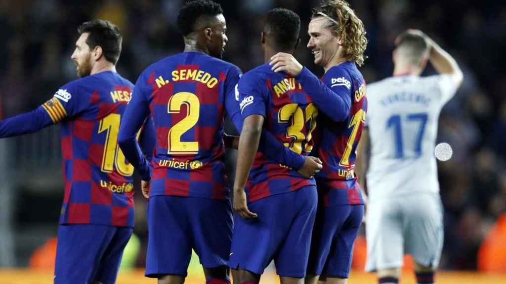 Semedo celebrando el gol con Ansu Fati y Antoine Griezmann / FC Barcelona