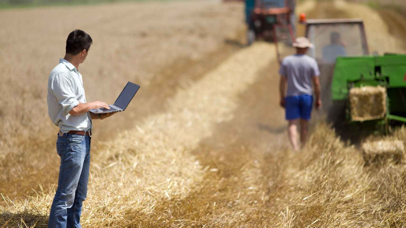 Un ingeniero agrónomo controla el resultado del trabajo de recolección de un agricultor: la tecnología mejora la productividad agrícola / EUROPA PRESS