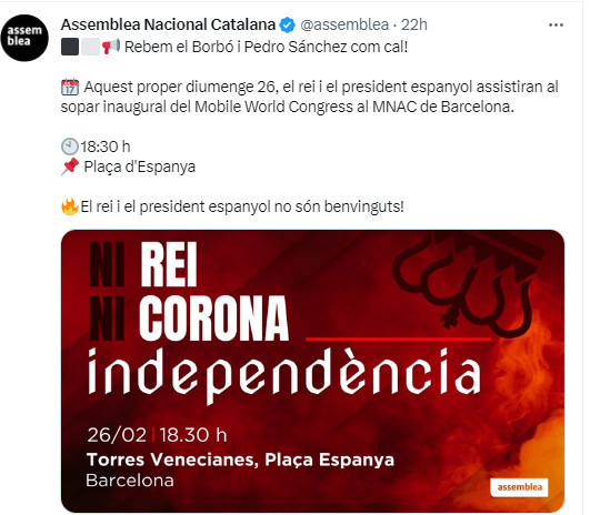 La ANC convoca una protesta por la presencia del Rey / TWITTER