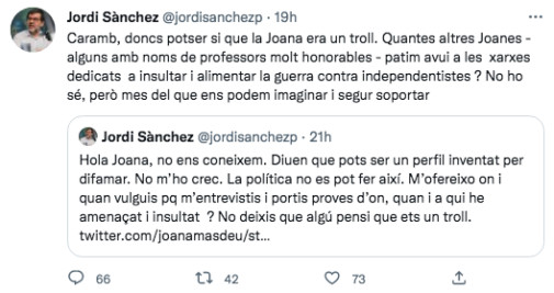 Mensaje de Jordi Sànchez en las redes sociales / TWITTER