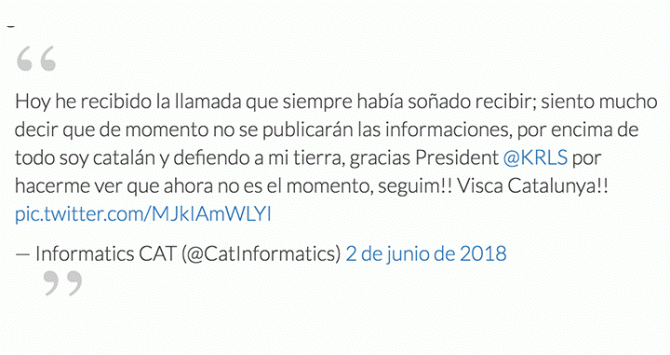 El tuit en el que los informáticos anuncian que no publicarán ninguna información sobre Rivera y Arrimadas / CG