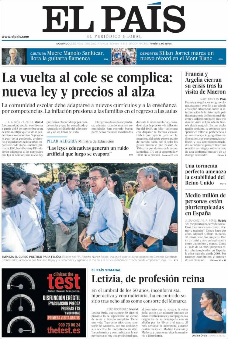 Portada de 'El País' del 28 de agosto de 2022