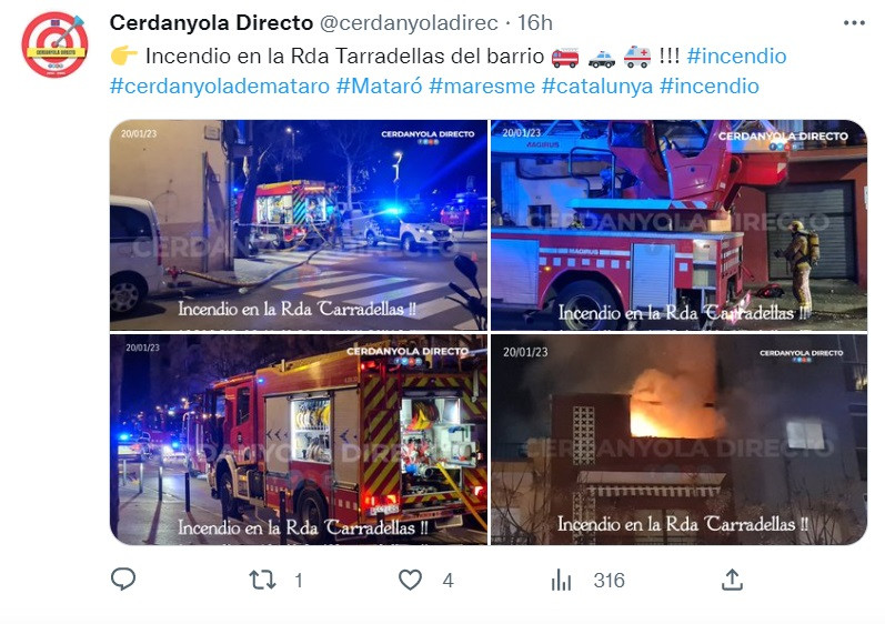 Incendio en la ronda Tarradellas de Mataró / TWITTER (@cerdanyoladirec)