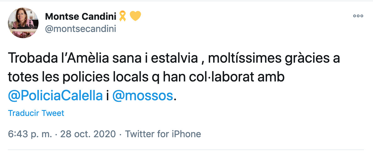 Montserrat Candini, alcaldesa de Callela, informa de la localización de Amelia / TWITTER