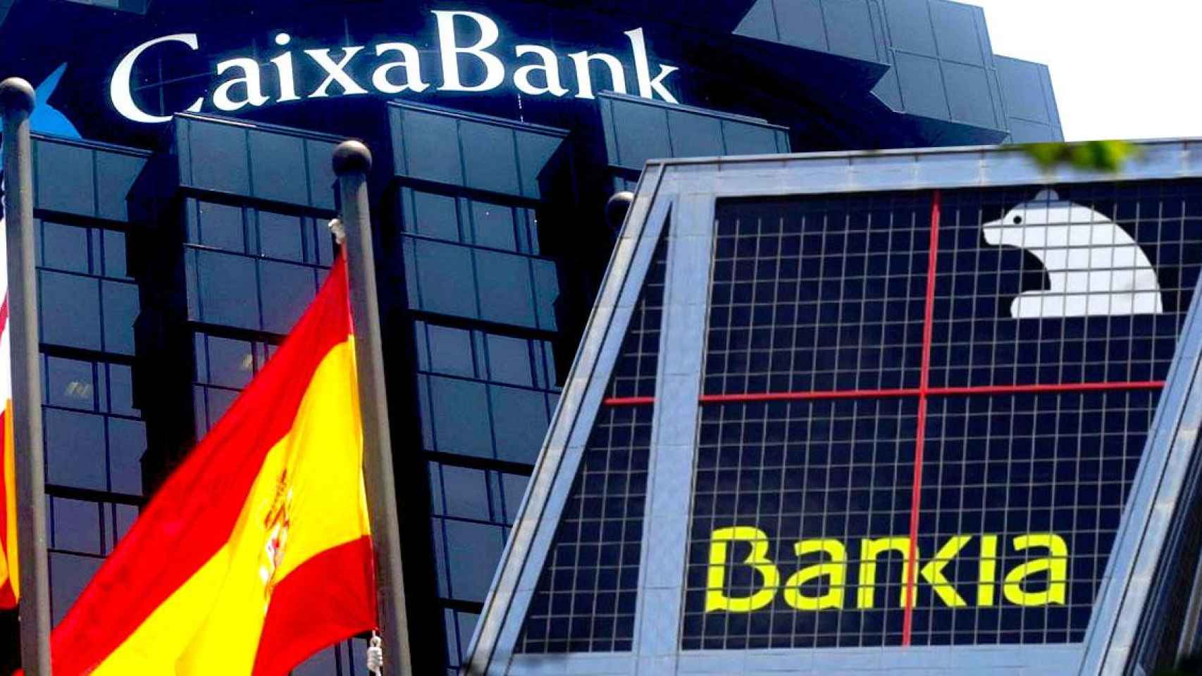 Las oficinas históricas de Caixabank en Barcelona y de Bankia en Madrid / CG