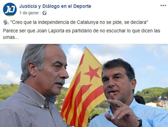 Laporta, atacado en una publicación de Justícia y Diálogo en el Deporte | Facebook