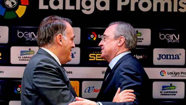 Javier Tebas y Florentino Pérez, ambos actores en el juicio de la Superliga, en un acto de la Liga