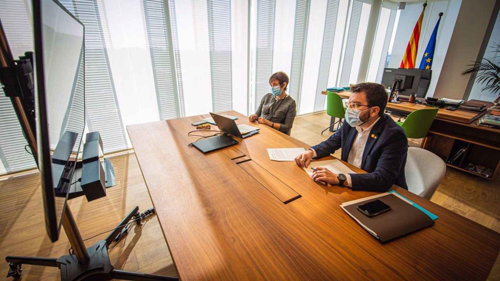 El 'president' en funciones del Govern, Pere Aragonés, durante una videoconferencia / EP