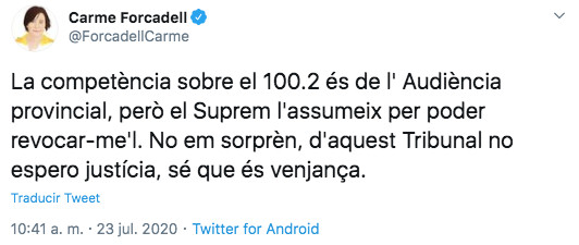 Tuit de Forcadell sobre la decisión del Supremo / TWITTER