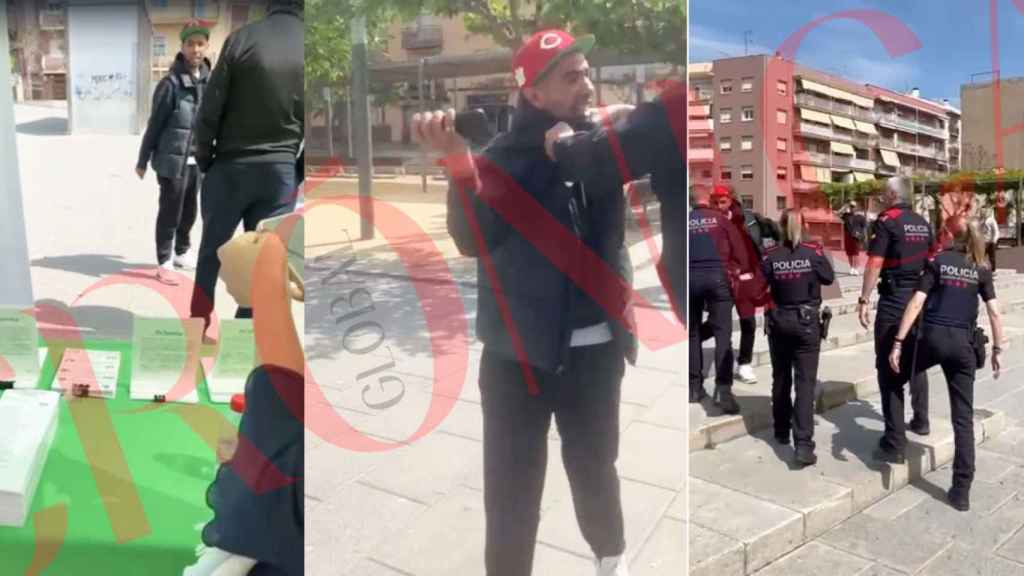 Tres imágenes del padre de Lamine Yamal cercando una carpa de Vox en Mataró