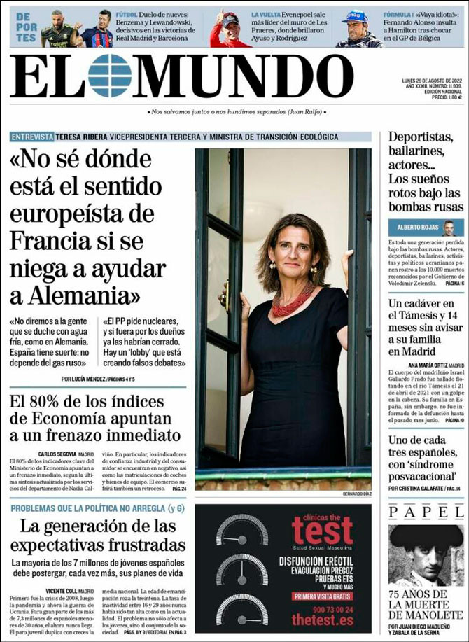 Portada de 'El Mundo' del 29 de agosto de 2022 / Kiosko