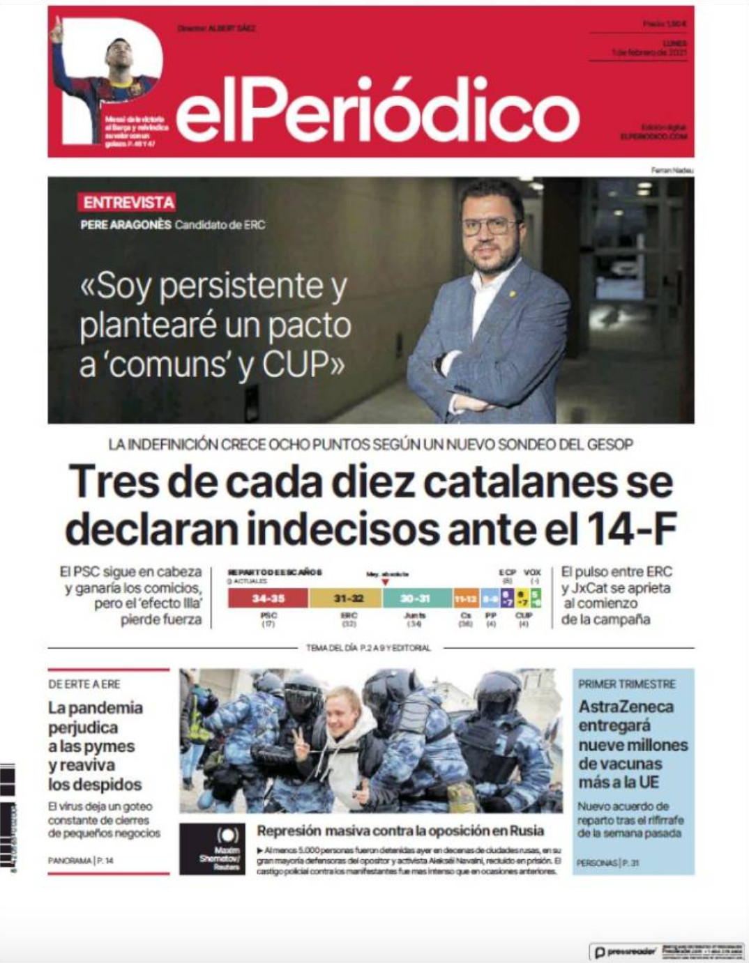 Portada de 'El Periódico' del 1 de febrero de 2021 / KIOKO.NET