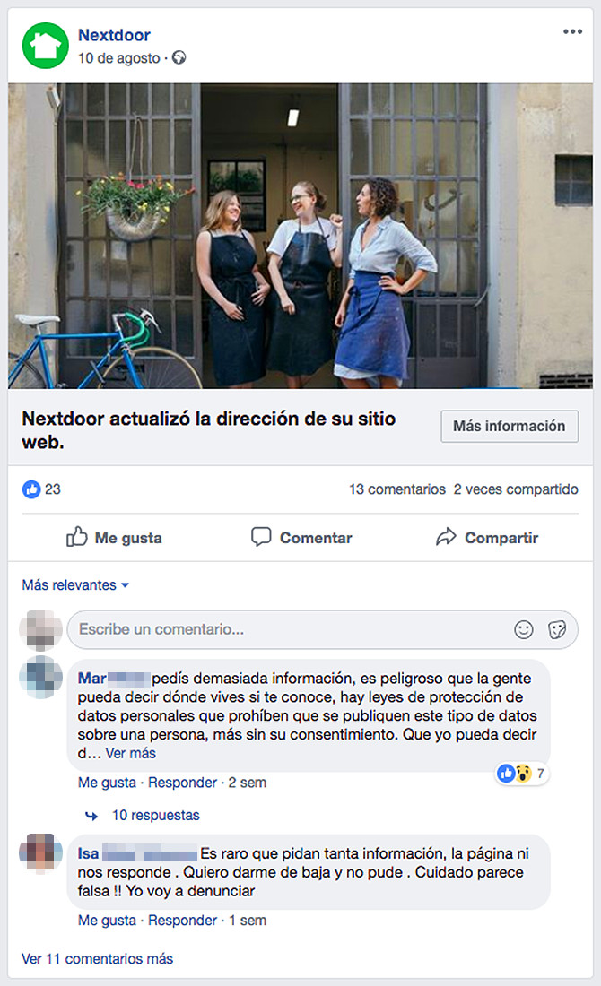 Queja de algunos usuarios en el Facebook de Nextdoor