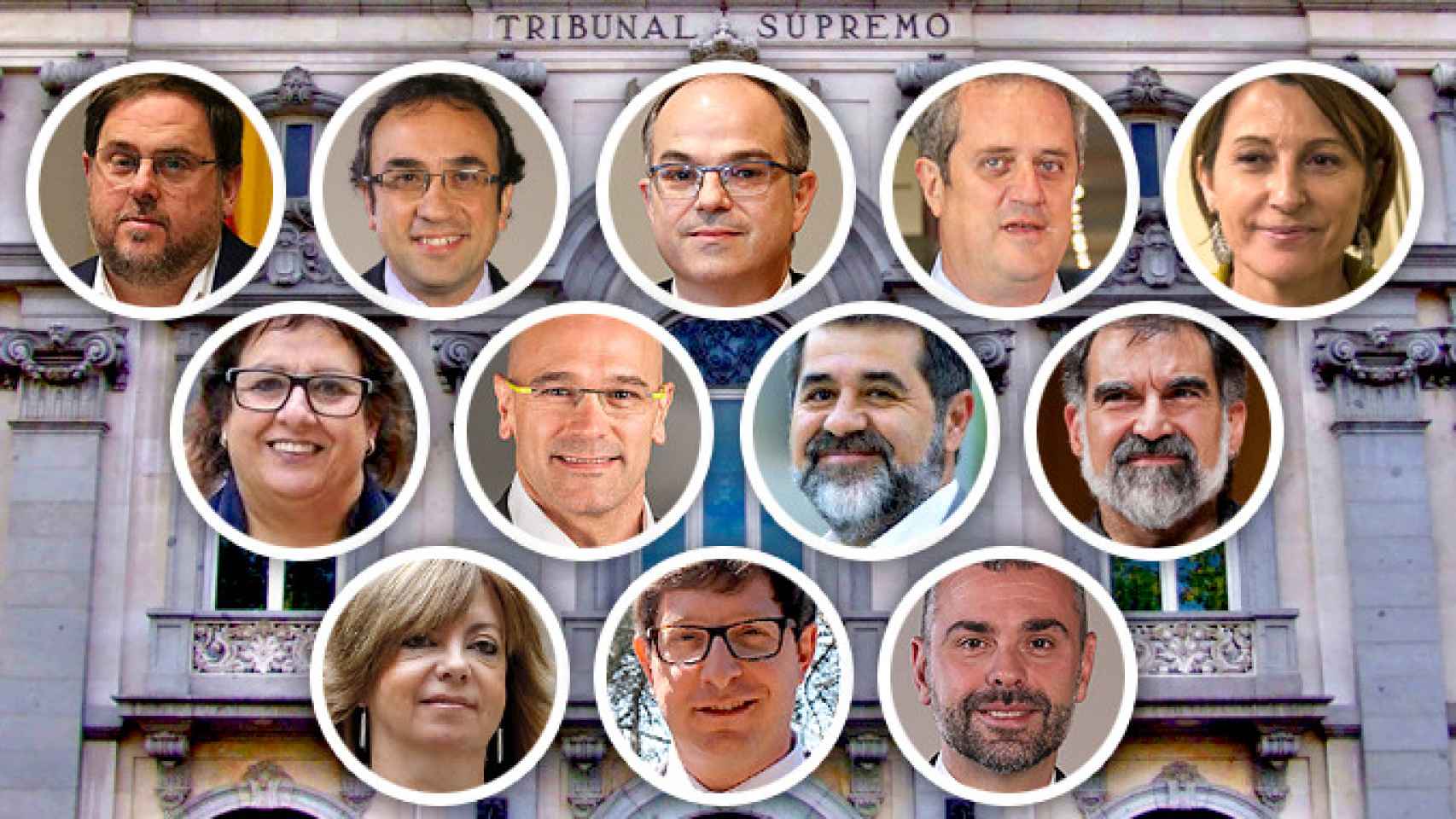 Los acusados del procés Oriol Junqueras, Josep Rull, Jordi Turull, Joaquim Forn, Carme Forcadell, Dolors Bassa, Raül Romeva, Jordi Sànchez, Jordi Cuixart, Meritxell Borrás, Carles Mundó y Santi Vila / CG