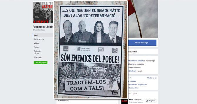 Cartel que señala a los cuatro partidos y la página de Facebook Resisteix Lleida / CG