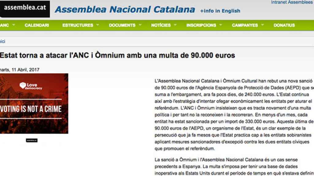 La ANC denuncia la multa de 90.000 en su página web