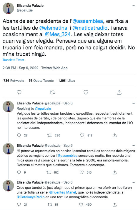 Elisend Paluzie, quejándose de que no la llevaban a TV3 / TWITTER