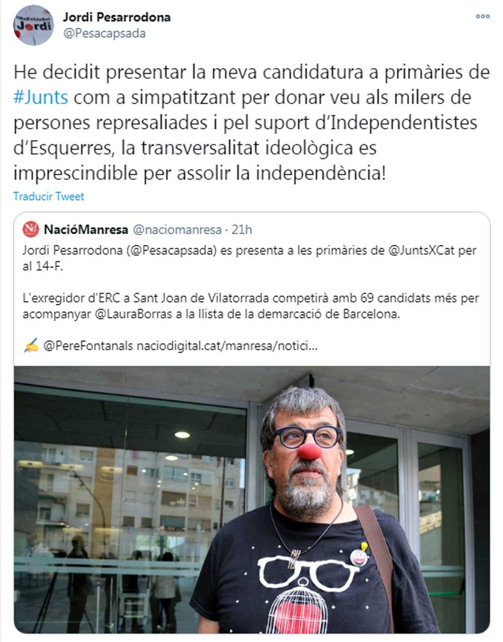 Pesarrodona, anunciando su candidatura a las primarias de JxCat / @Pesacapsada (TWITTER)