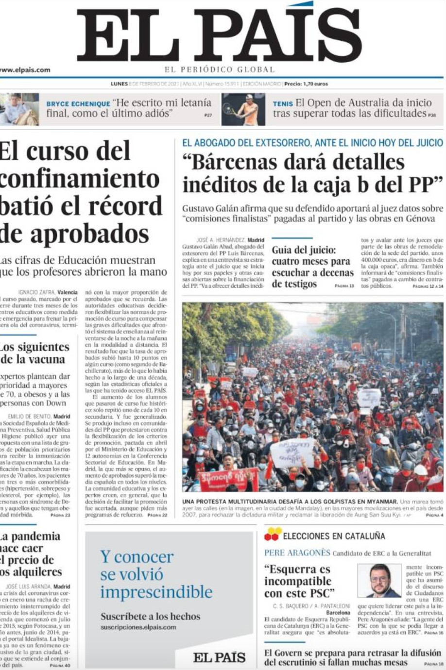 Portada de 'El País' del 8 de febrero de 2021 / KIOSKO.NET