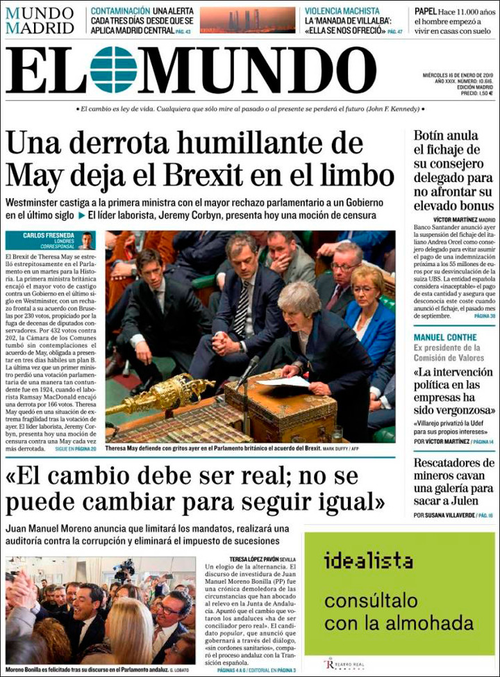 Portada de 'El Mundo' del 16 de enero de 2019