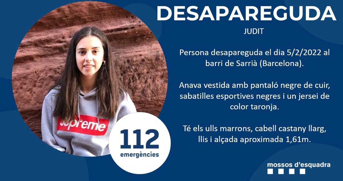 Los Mossos piden colaboración ciudadana para encontrar a Judit, una menor de 17 años, que lleva en paradero desconocido desde el sábado / MOSSOS D'ESQUADRA