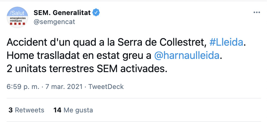 Tuit del SEM en el que se informa del accidente / SEM