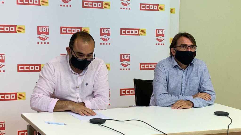 El secretario general de CCOO, Javier Pacheco, y el de UGT, Camil Ros, durante la rueda de prensa por el 1 de mayo / UGT