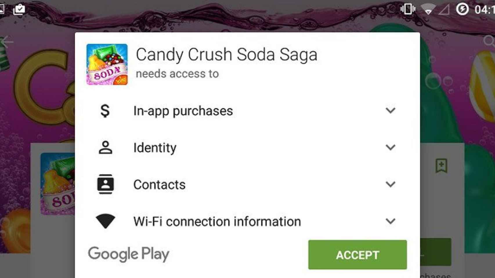 Solicitud de permisos de la 'app' Candy Crush.