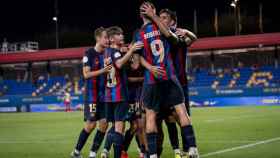 El Barça B celebra uno de sus goles en la victoria ante el Calahorra FCB