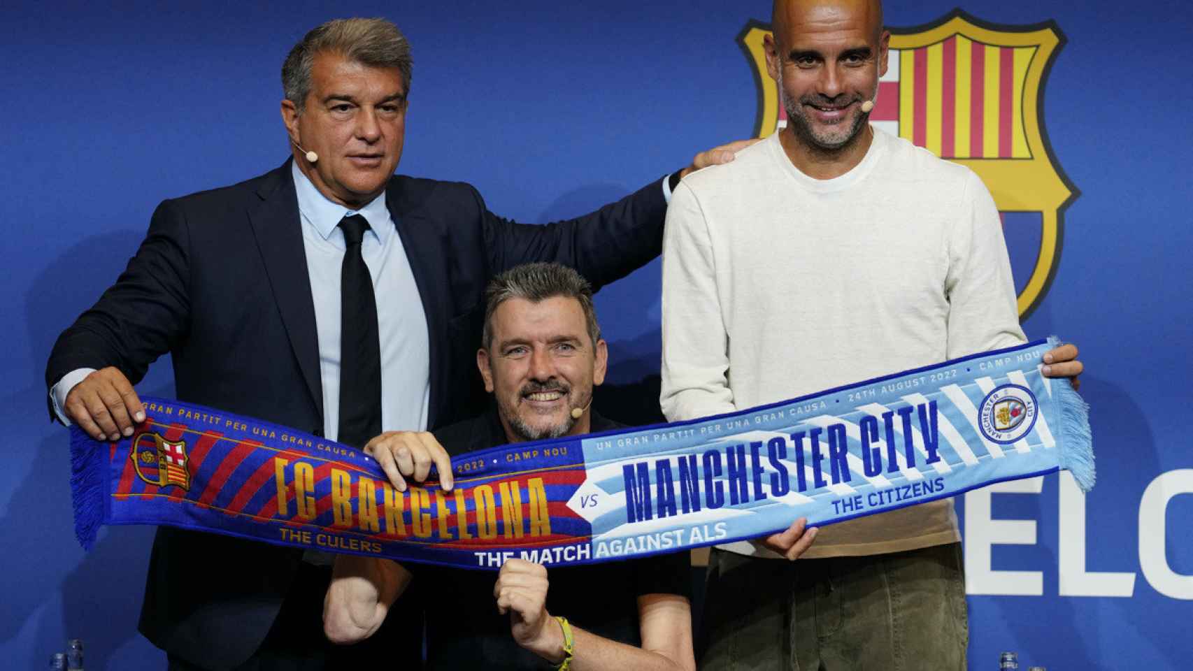 Laporta, Guardiola y Unzué, durante la presentación del Barça City benéfico / EFE