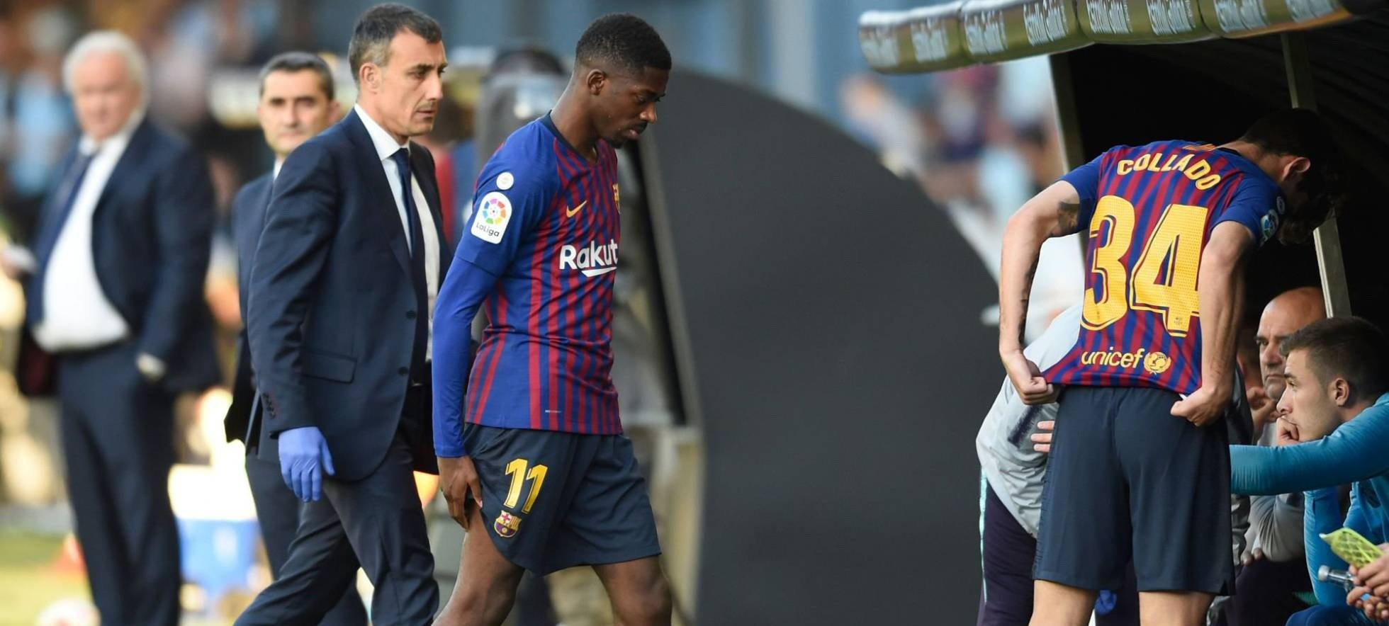 Dembelé abandona el terreno de juego lesionado/ Twitter