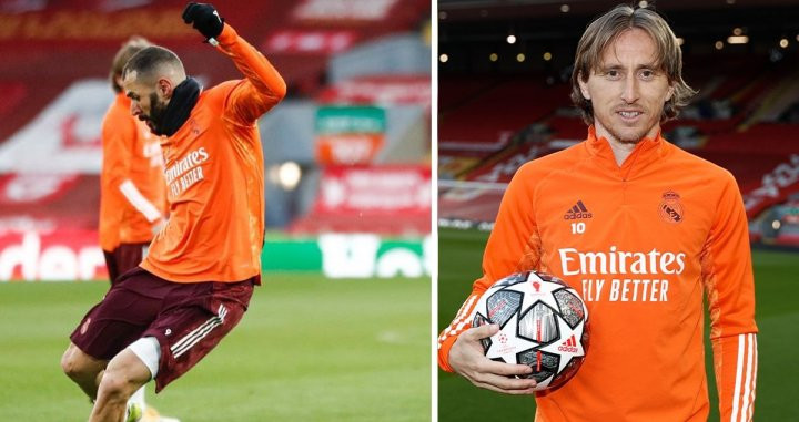 Karim Benzema y Luka Modric entrenando antes de enfrentarse al Liverpool en Anfield en un fotomontaje / CULEMANÍA