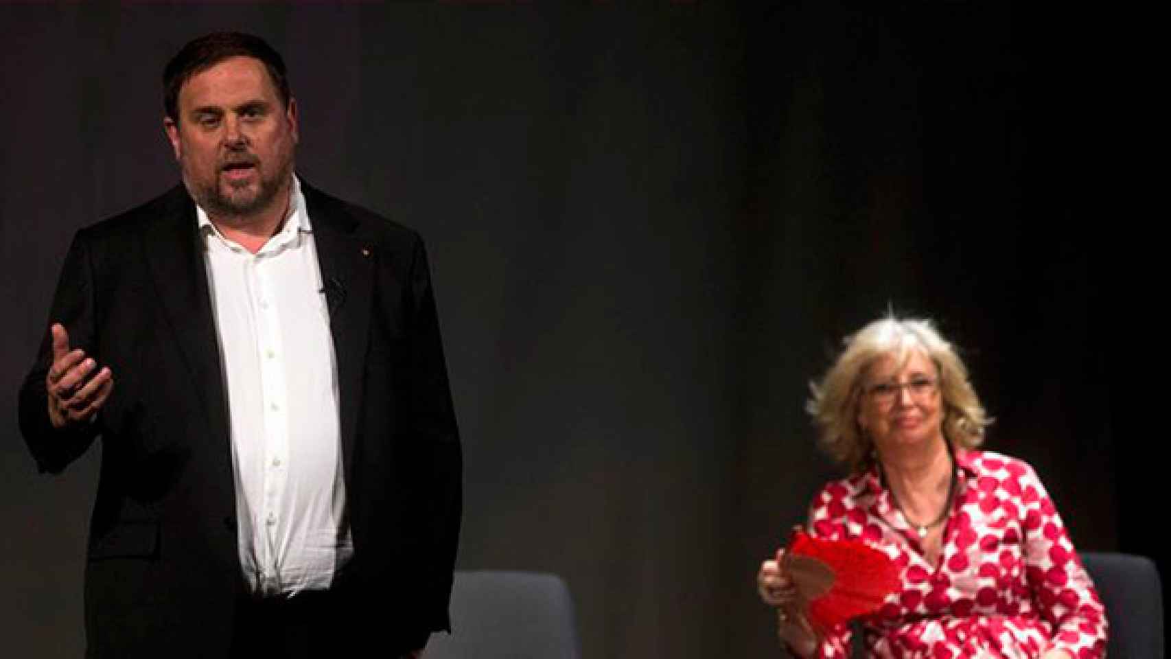 El vicepresidente del Govern, Oriol Junqueras y diputada Irene Rigau durante un acto promovido por la ANC para explicar el referéndum anunciado para el 1 de octubre / EFE