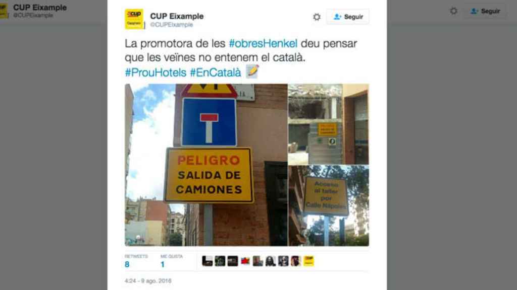 Mensaje de la CUP en su cuenta de Twitter contra los carteles de las obras en castellano.