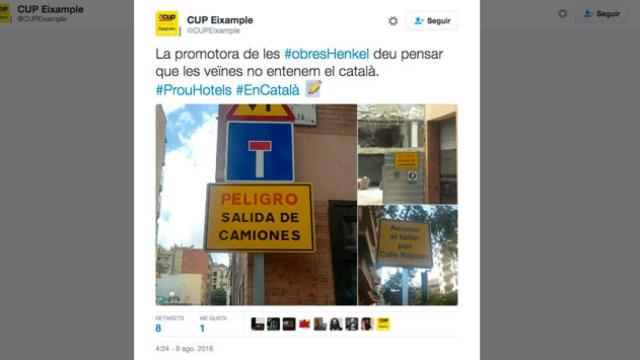 Mensaje de la CUP en su cuenta de Twitter contra los carteles de las obras en castellano.