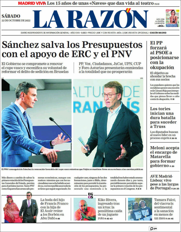 Portada de 'La Razón' del 22 de octubre de 2022