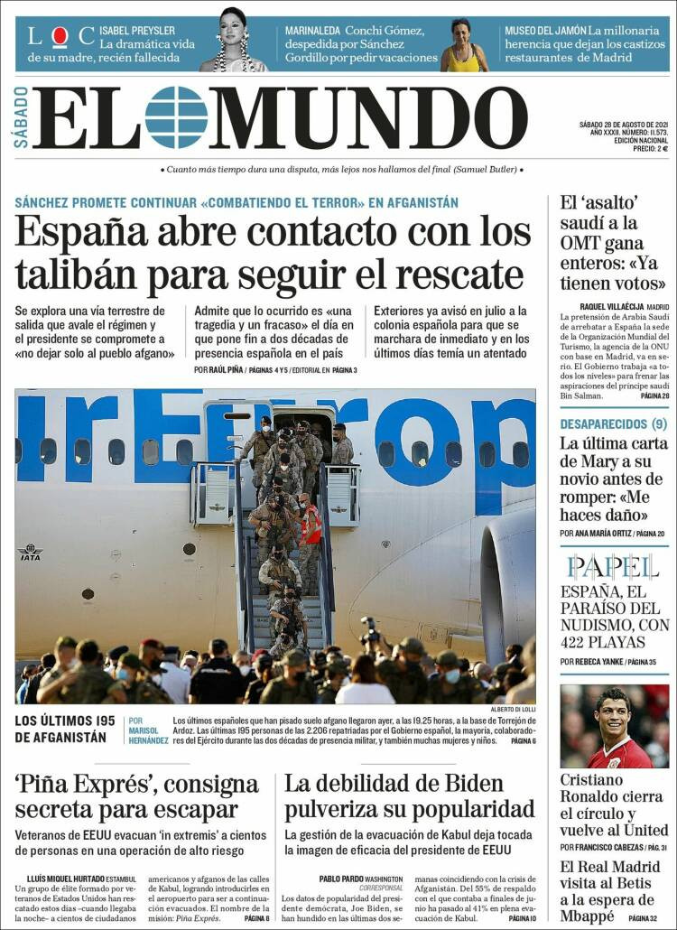 Portada de 'El Mundo' del 28 de agosto de 2021 / KIOSKO.NET