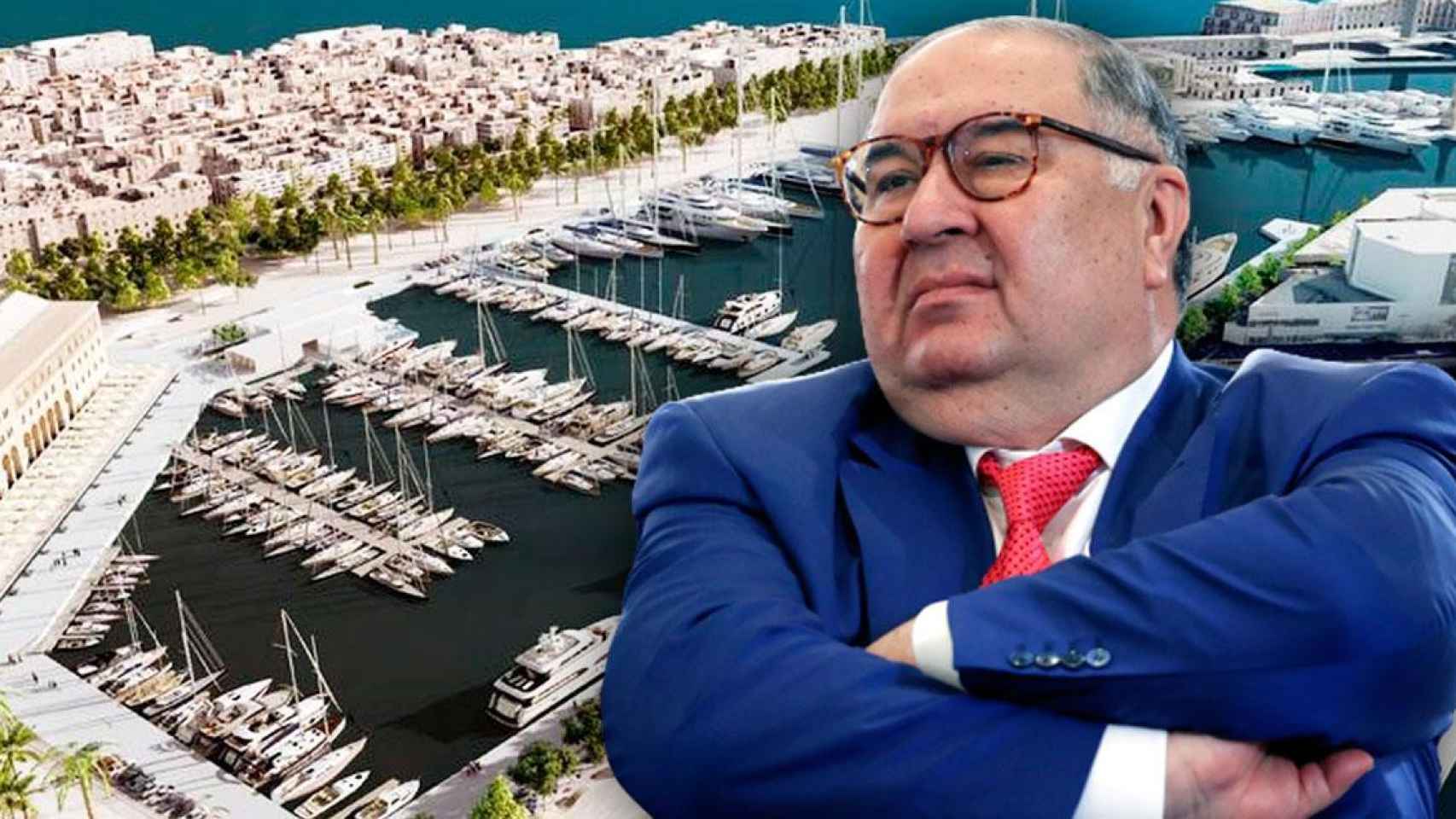 El empresario Alisher Usmanov, ante una vista general de la Marina Port Vell de Barcelona / CG