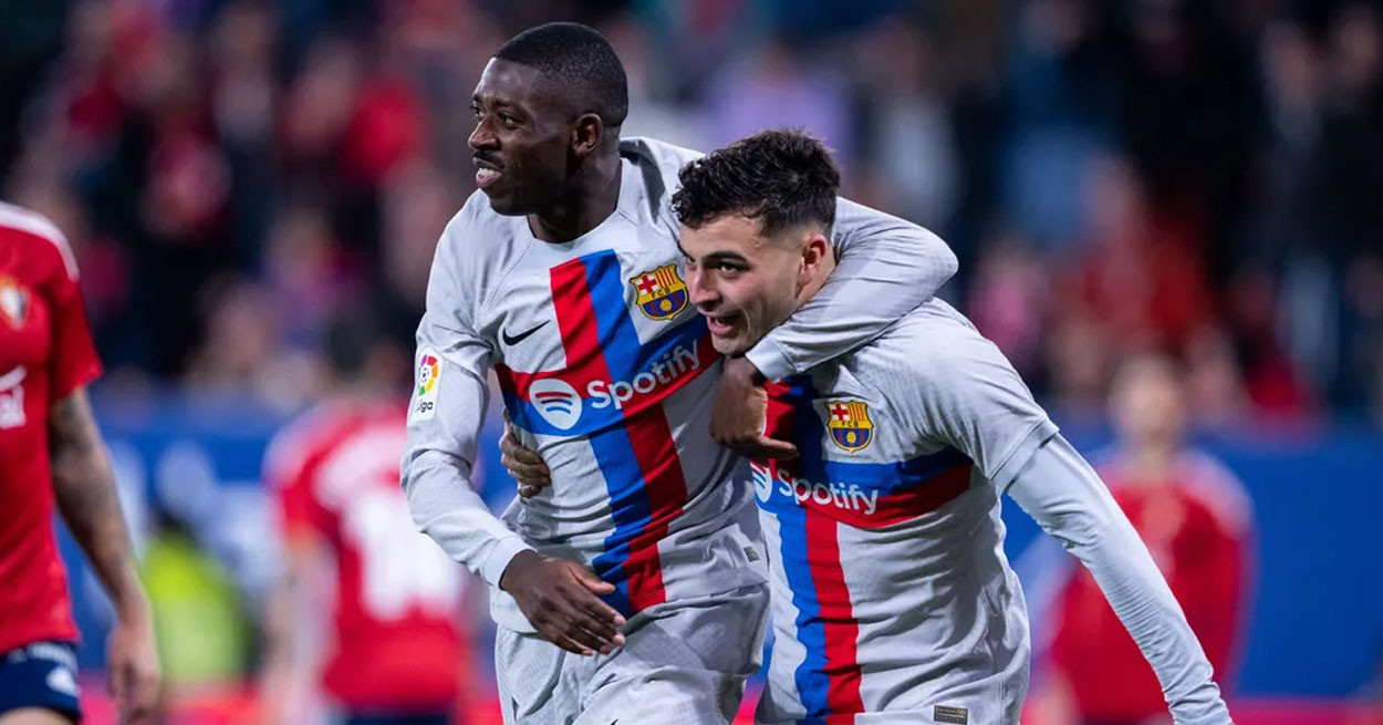 Pedri y Dembelé celebran un gol al Osasuna / FCB