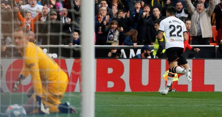 Maxi Gómez celebrando un gol del Valencia contra el Barça, en una imagen de archivo / EFE