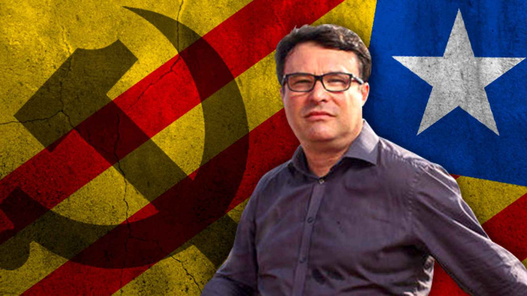 Joan Josep Nuet ante una estelada y el emblema del Partido Comunista / FOTOMONTAJE DE CG