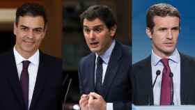 Pedro Sánchez, líder del PSOE; Albert Rivera, de Cs, y Pablo Casado, del PP / FOTOMONTAJE CG