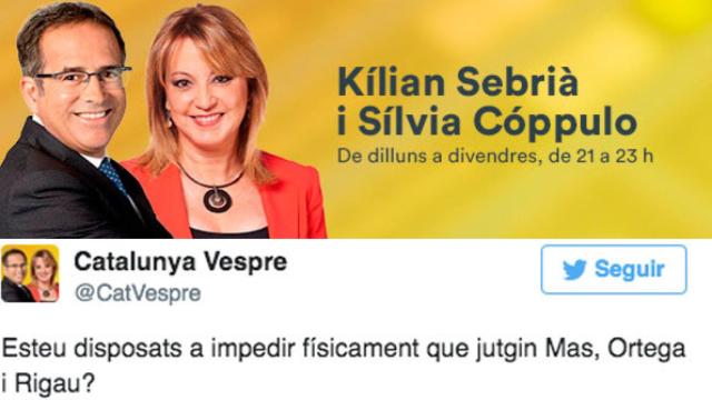 La cabecera del programa de Catalunya Ràdio y el tuit que llamaba a defender físicamente  a Mas / CG