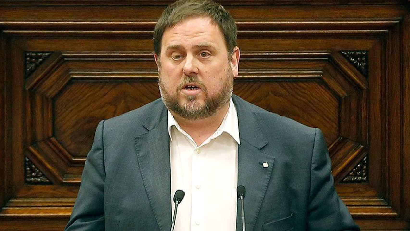 El vicepresidente Oriol Junqueras durante su intervención de esta mañana en el Parlament.