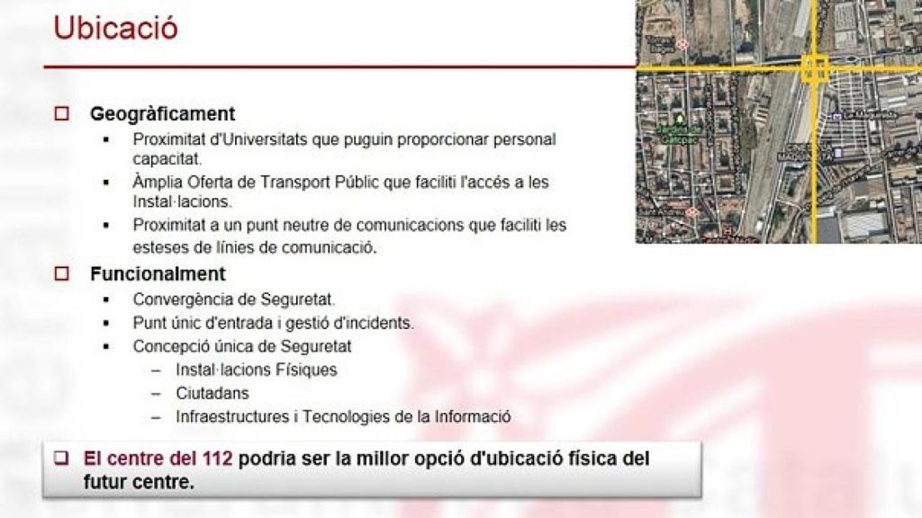 Detalle de una de las páginas de los documentos que estudian la creación de una agencia de seguridad de la Generalitat, en el que se señala el lugar en el que podría estar la sede central