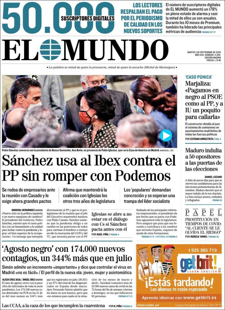 Portada de 'El Mundo' el 1 de septiembre de 2020