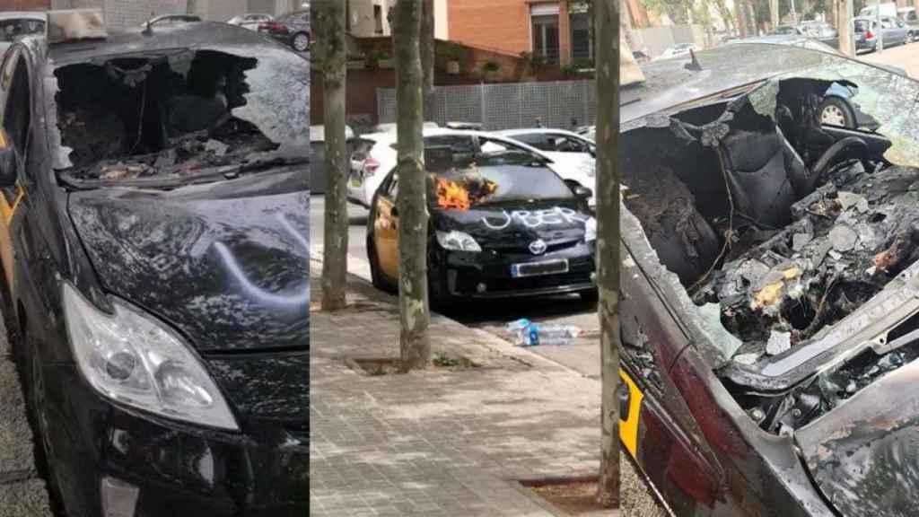 El taxi calcinado en Badalona el pasado mes de agosto con las letras 'Uber' escritas en el capó / CG