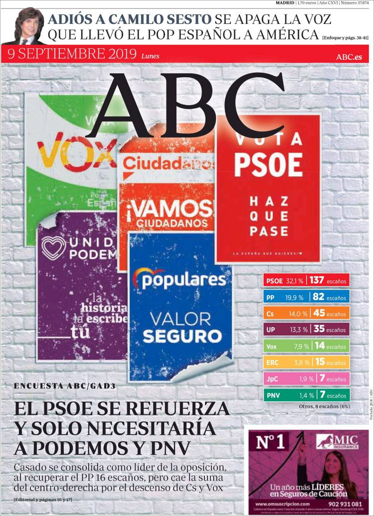 Portada de 'ABC' del lunes 9 de septiembre