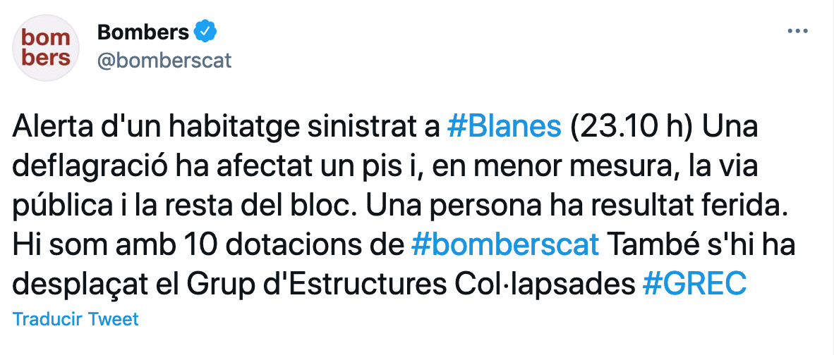 Bomberos informan de la deflagración en un piso de Blanes / TWITTER