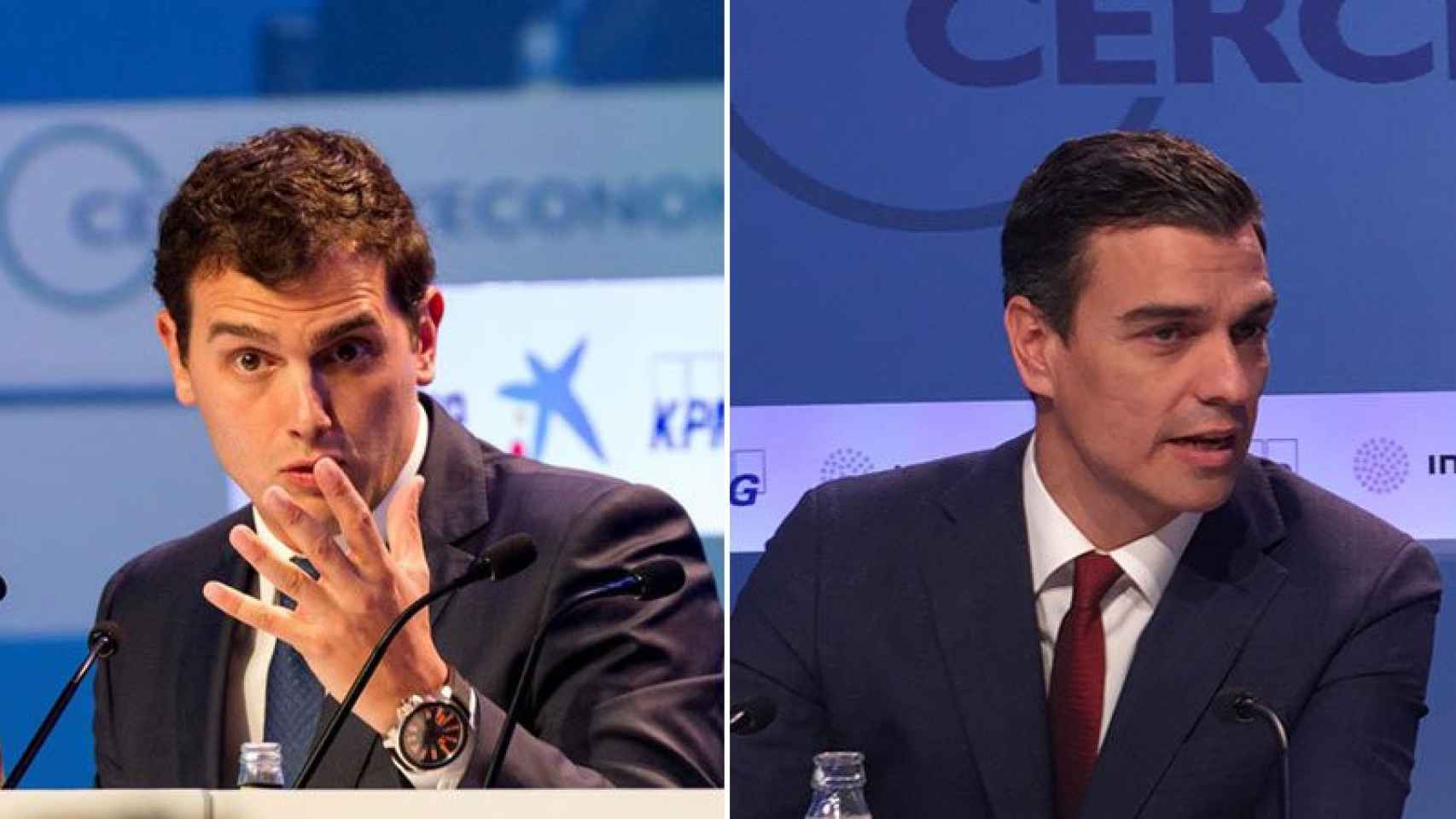 Albert Rivera (izquieda), líder de Ciudadanos, y Pedro Sánchez (derecha), líder del PSOE en la XXXII Reunión del Círculo de Economía de Sitges.